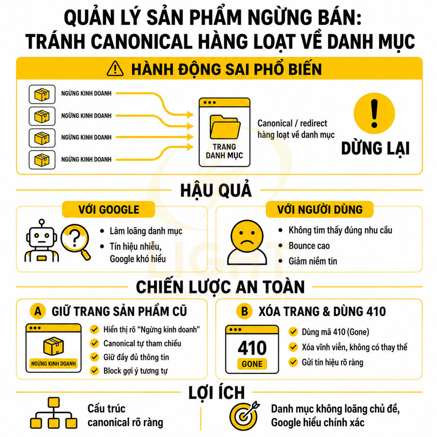 Infographic quản lý sản phẩm ngừng bán, tránh canonical hàng loạt về danh mục và gợi ý chiến lược SEO an toàn