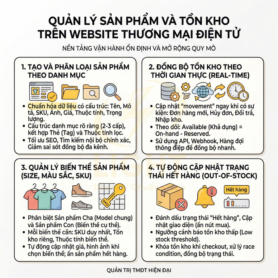 Infographic quản lý sản phẩm và tồn kho cho website thương mại điện tử với 4 bước tối ưu vận hành và cập nhật hàng hóa