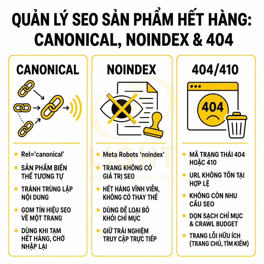 Hướng dẫn quản lý SEO cho sản phẩm hết hàng với canonical, noindex và mã lỗi 404 410