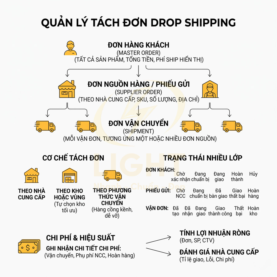 Sơ đồ quy trình quản lý tách đơn hàng trong mô hình dropshipping với các bước từ đặt hàng đến vận chuyển