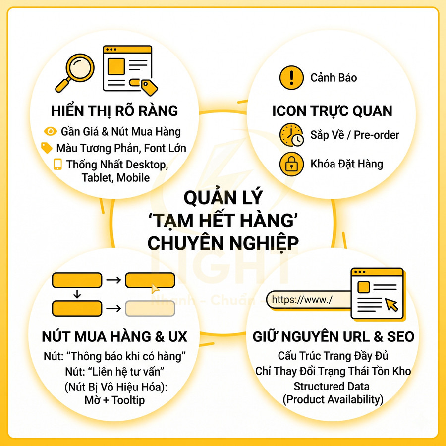 Infographic giải pháp quản lý sản phẩm tạm hết hàng chuyên nghiệp với hiển thị rõ ràng, icon cảnh báo và tối ưu UX SEO