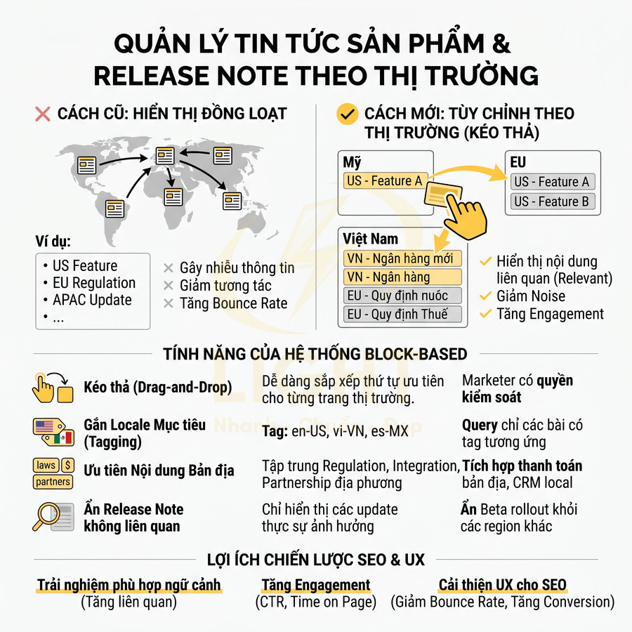 Infographic quản lý tin tức sản phẩm và release note theo thị trường với hệ thống block-based kéo thả