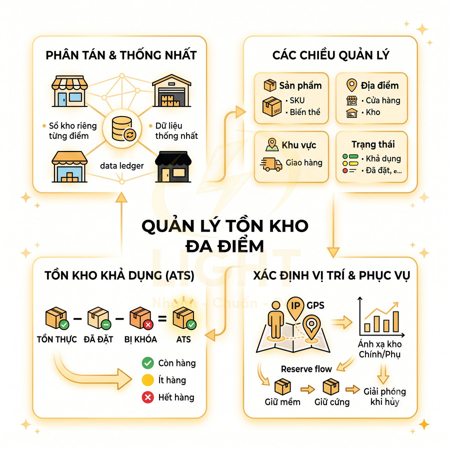 Mô hình quản lý tồn kho đa điểm với phân tán dữ liệu, tồn kho khả dụng và xác định vị trí phục vụ