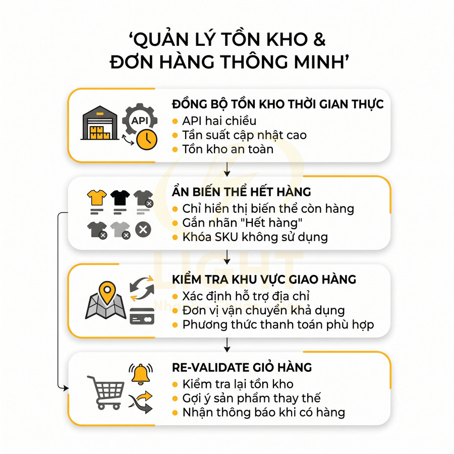 Infographic quy trình quản lý tồn kho và đơn hàng thông minh với các bước đồng bộ, ẩn biến thể hết hàng, kiểm tra giao hàng