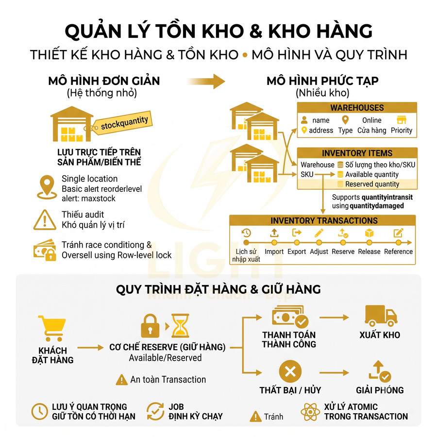 Infographic quy trình quản lý tồn kho và kho hàng với mô hình đơn giản và mô hình phức tạp nhiều kho