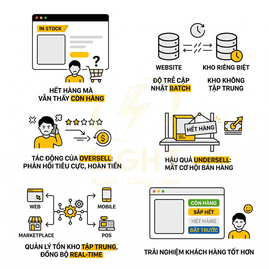 Minh họa quy trình quản lý tồn kho tập trung real time giúp tránh oversell và cải thiện trải nghiệm khách hàng