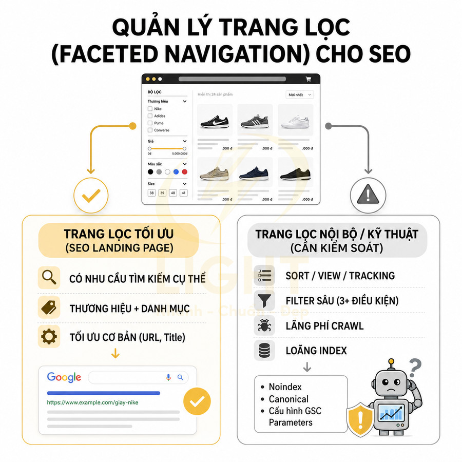 Minh họa quản lý trang lọc sản phẩm giày thể thao Nike và thương hiệu khác trên website để tối ưu SEO