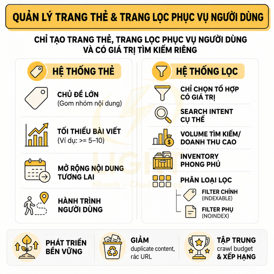Infographic quản lý trang thẻ và trang lọc phục vụ người dùng trong SEO website