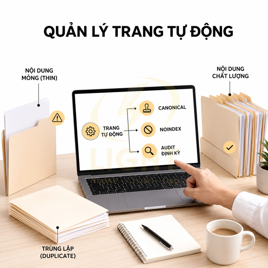 Máy tính xách tay hiển thị quy trình quản lý trang tự động với canonical noindex audit định kỳ trên bàn làm việc