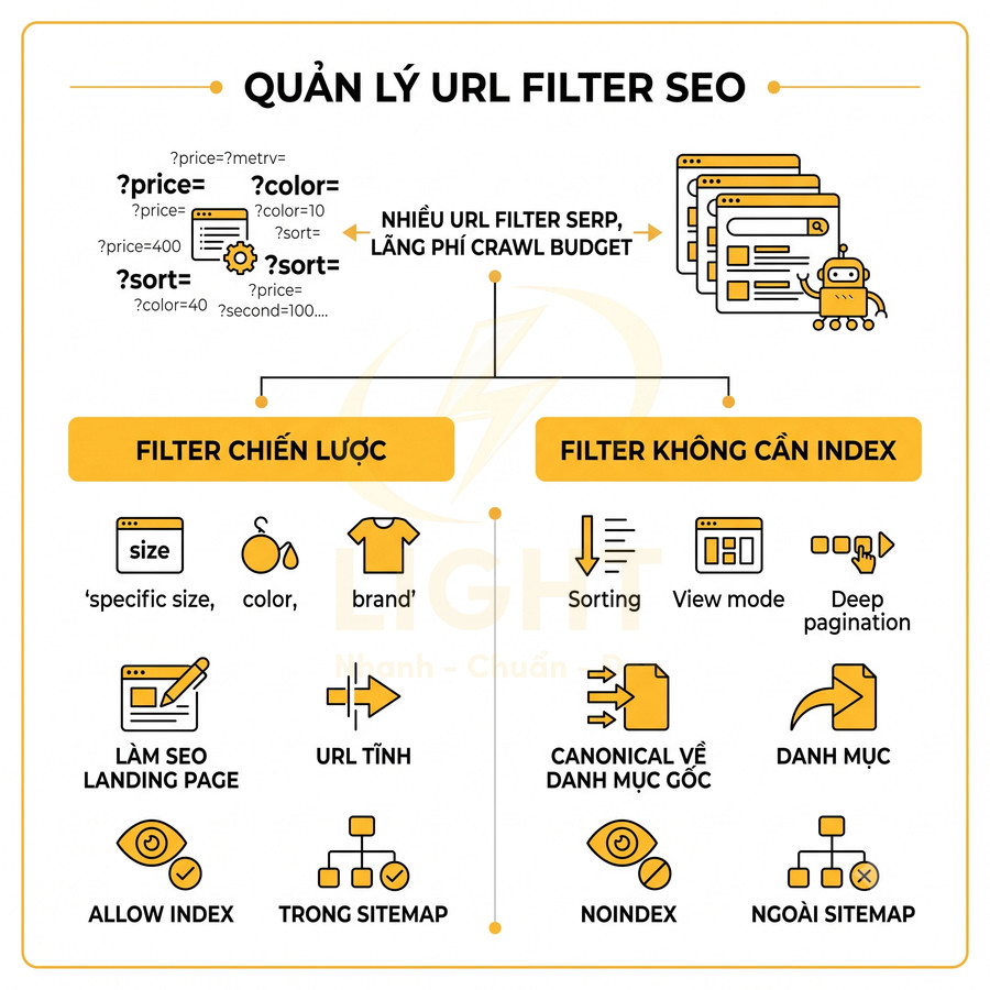 Hướng dẫn quản lý URL filter SEO, phân loại filter chiến lược và filter không cần index trên website
