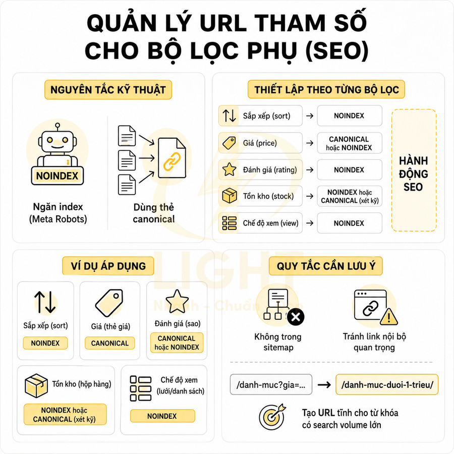 Infographic hướng dẫn quản lý URL tham số cho bộ lọc phụ trong SEO với noindex và thẻ canonical