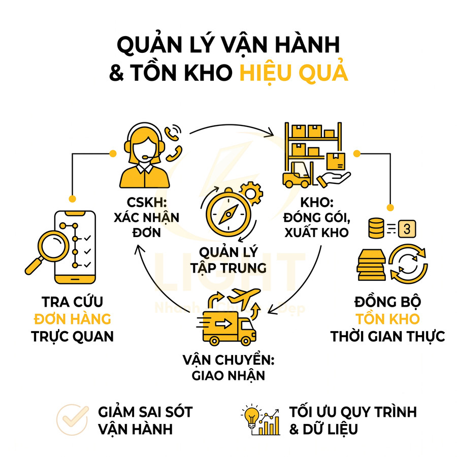 Sơ đồ quy trình quản lý vận hành và tồn kho hiệu quả từ tra cứu đơn hàng đến giao nhận và đồng bộ kho thời gian thực