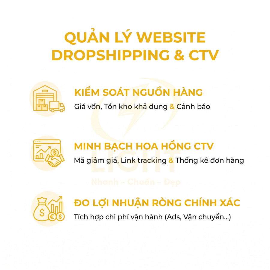 Quản lý website dropshipping và CTV với kiểm soát nguồn hàng, minh bạch hoa hồng, đo lợi nhuận ròng chính xác