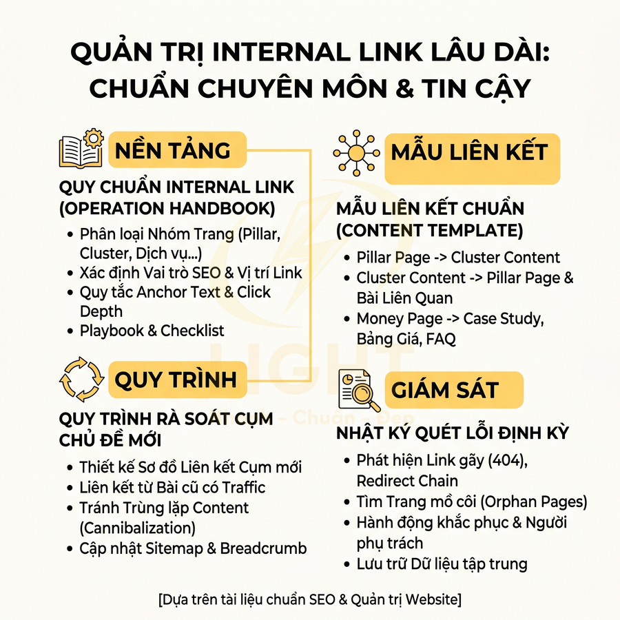 Infographic quy trình quản trị internal link chuẩn SEO với nền tảng, mẫu liên kết, quy trình và giám sát lỗi định kỳ