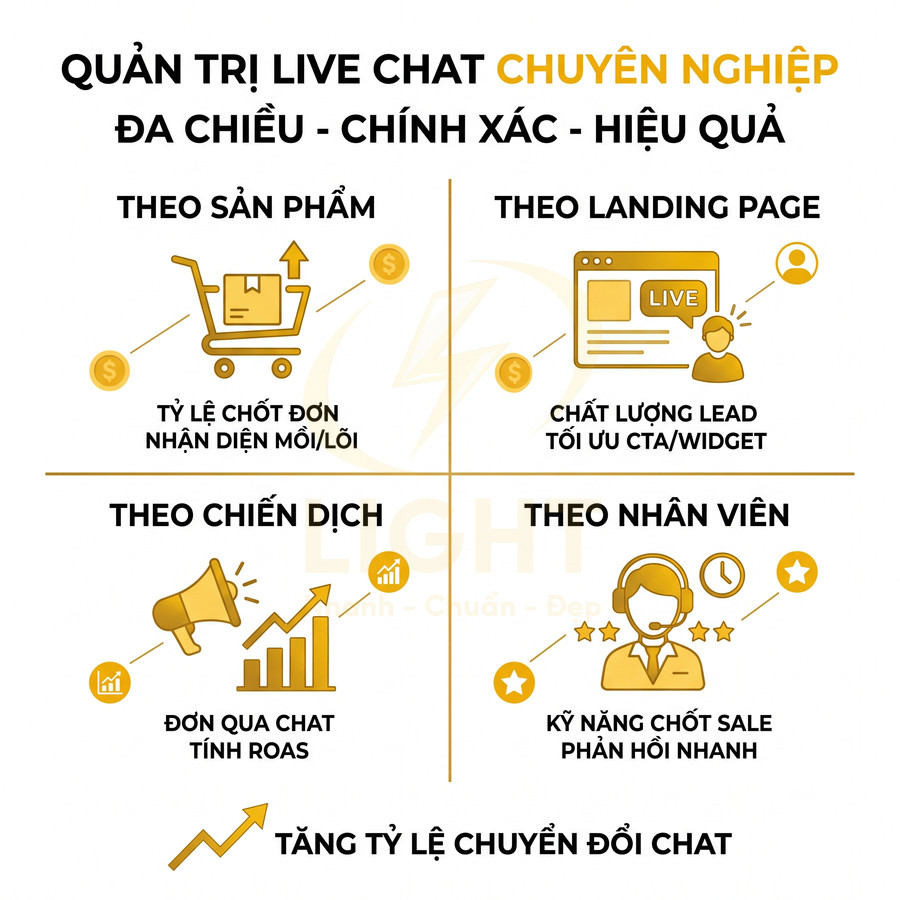 Giải pháp quản trị live chat đa chiều giúp tăng tỷ lệ chuyển đổi theo sản phẩm chiến dịch landing page và nhân viên