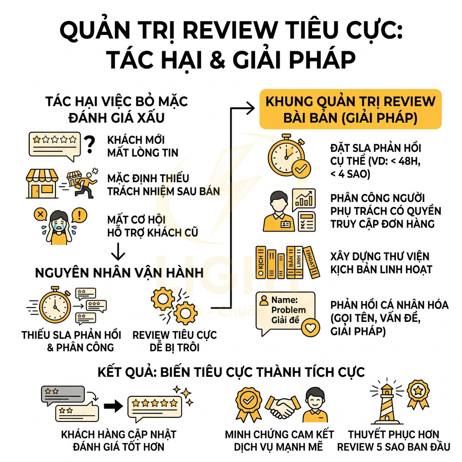 Infographic quản trị review tiêu cực cho doanh nghiệp, nêu tác hại bỏ mặc đánh giá xấu và khung giải pháp xử lý