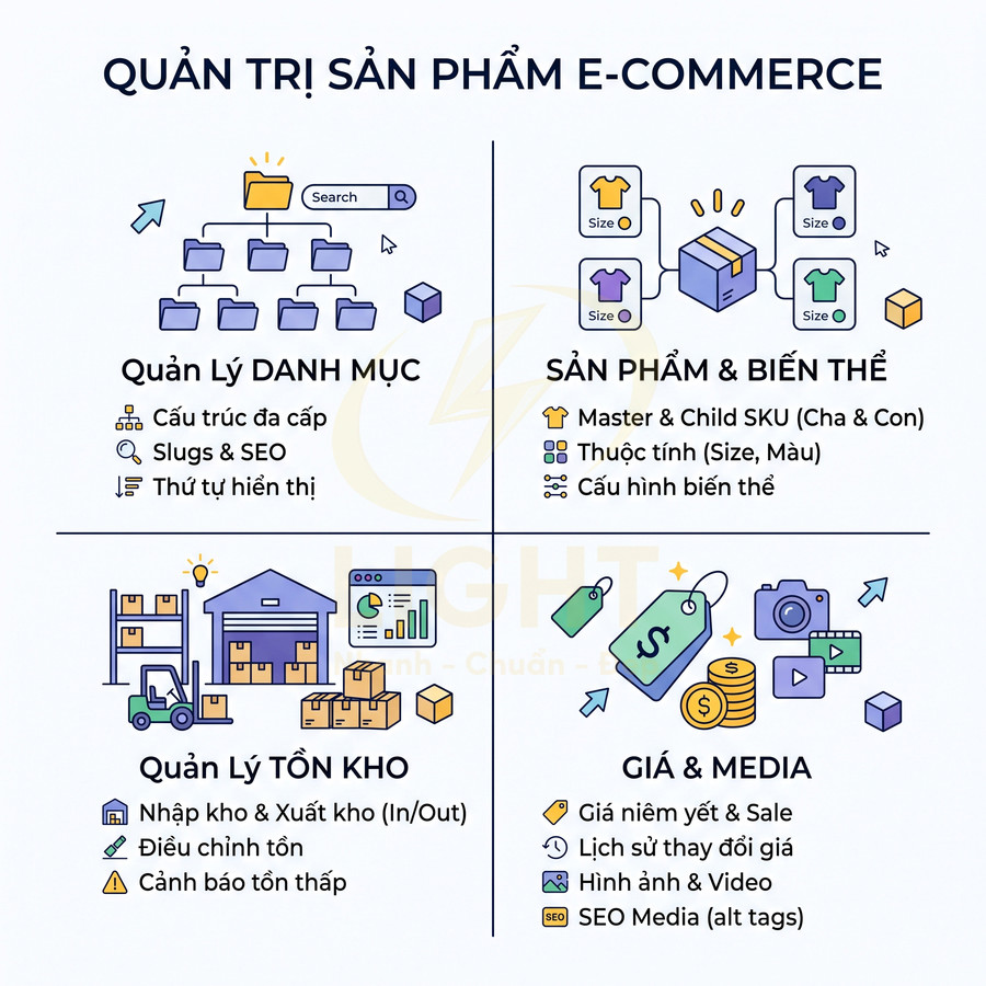 Mô tả tính năng quản trị sản phẩm e commerce gồm danh mục, tồn kho, sản phẩm biến thể, giá và media
