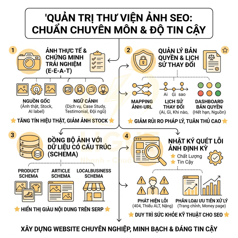 Infographic quy trình quản trị thư viện hình ảnh chuẩn SEO để tăng độ tin cậy và hiệu quả website