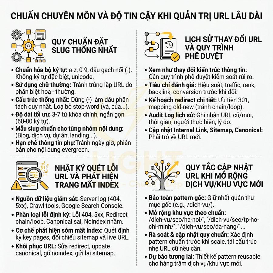 Infographic hướng dẫn chuẩn hóa slug, quản trị URL lâu dài, nhật ký quét lỗi và quy tắc cập nhật URL cho SEO