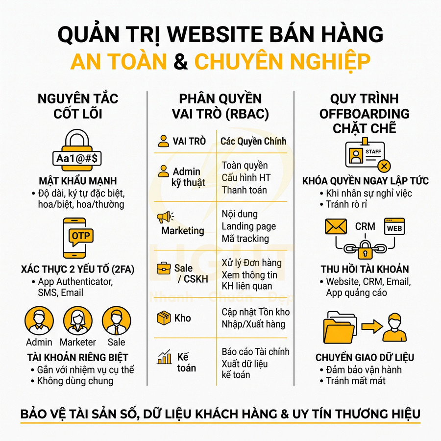 Infographic quản trị website bán hàng an toàn chuyên nghiệp với mật khẩu mạnh, 2FA, phân quyền vai trò và quy trình offboarding
