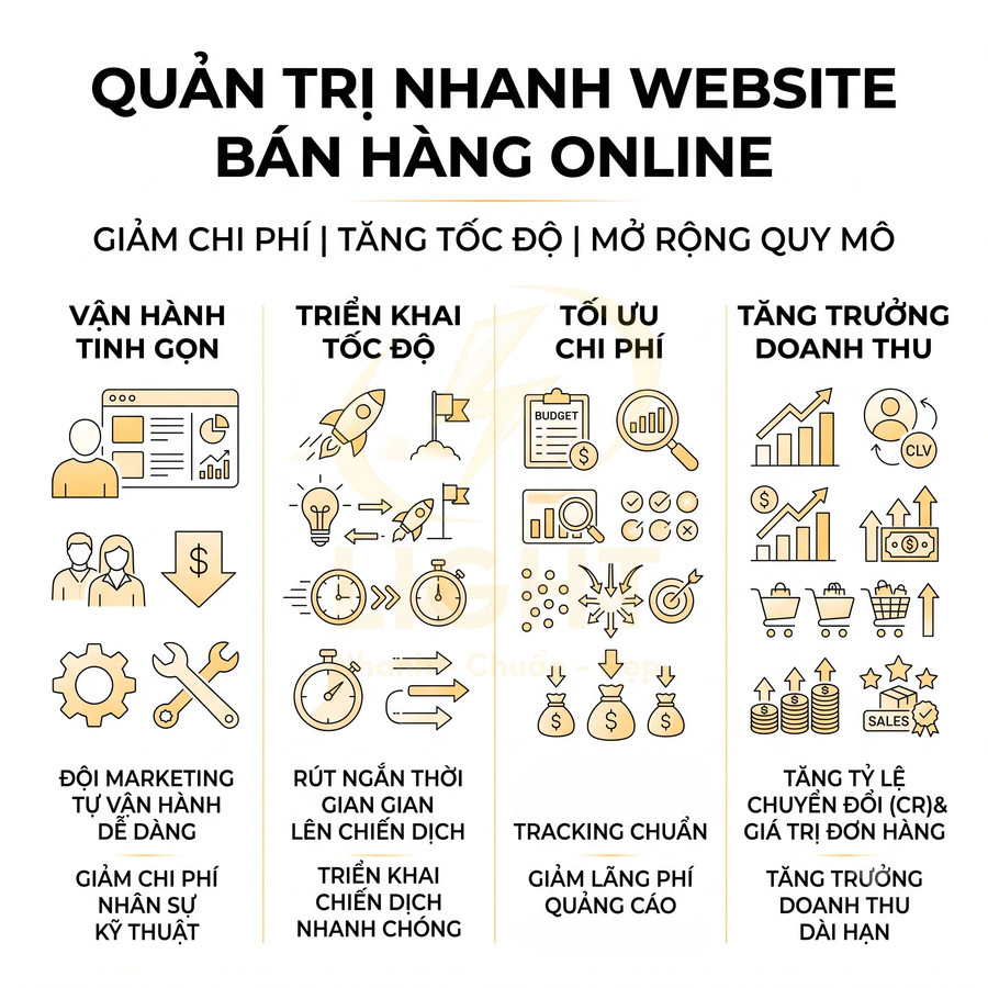 Infographic quản trị nhanh website bán hàng online với lợi ích tối ưu chi phí và tăng trưởng doanh thu
