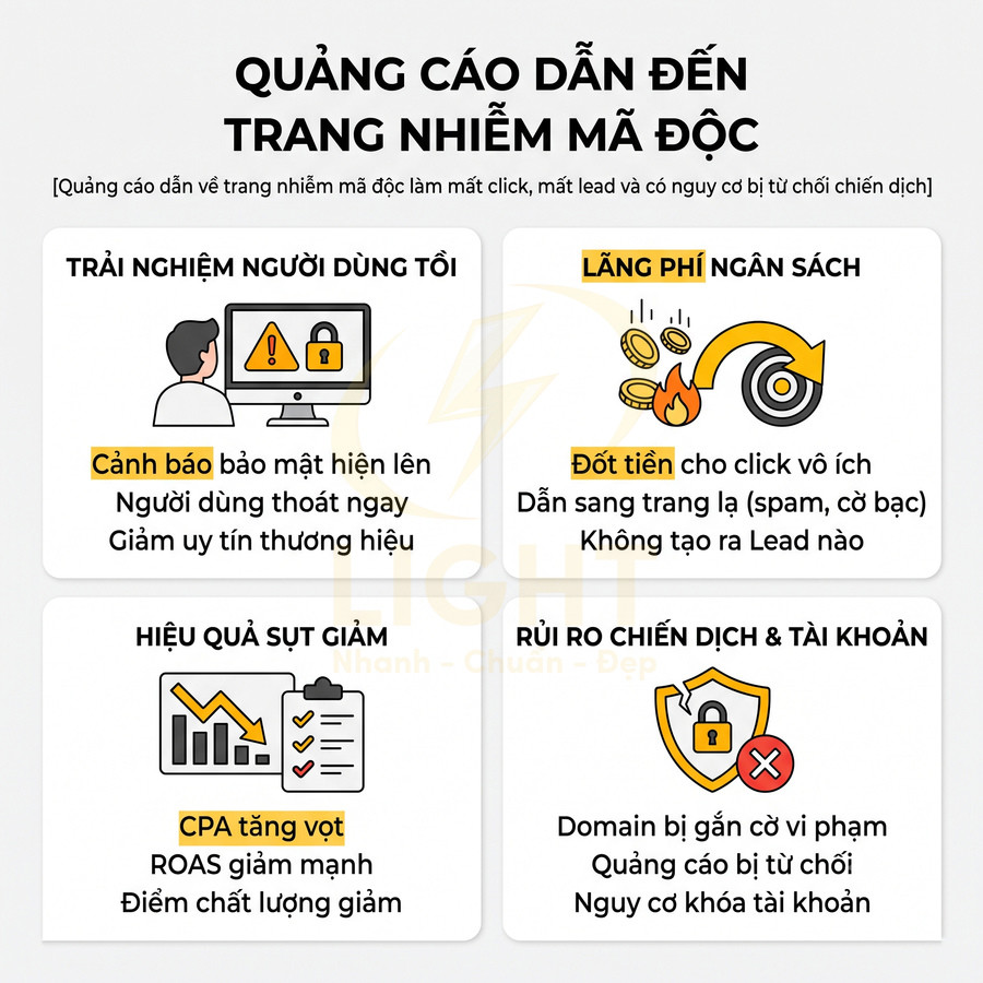 Infographic cảnh báo hậu quả quảng cáo dẫn đến trang nhiễm mã độc cho doanh nghiệp và chiến dịch marketing