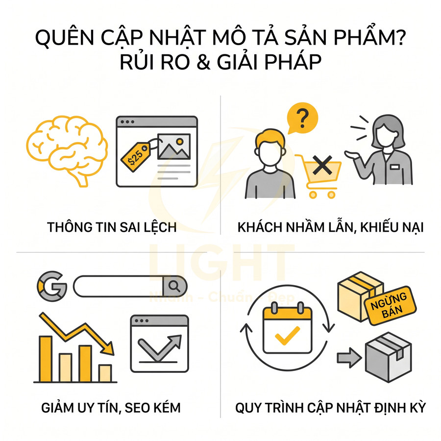 Infographic rủi ro khi quên cập nhật mô tả sản phẩm và giải pháp quy trình cập nhật định kỳ
