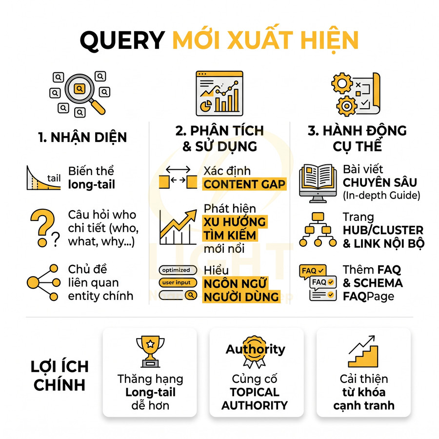 Quy trình phân tích query mới xuất hiện trong SEO với bước nhận diện, phân tích sử dụng và hành động cụ thể