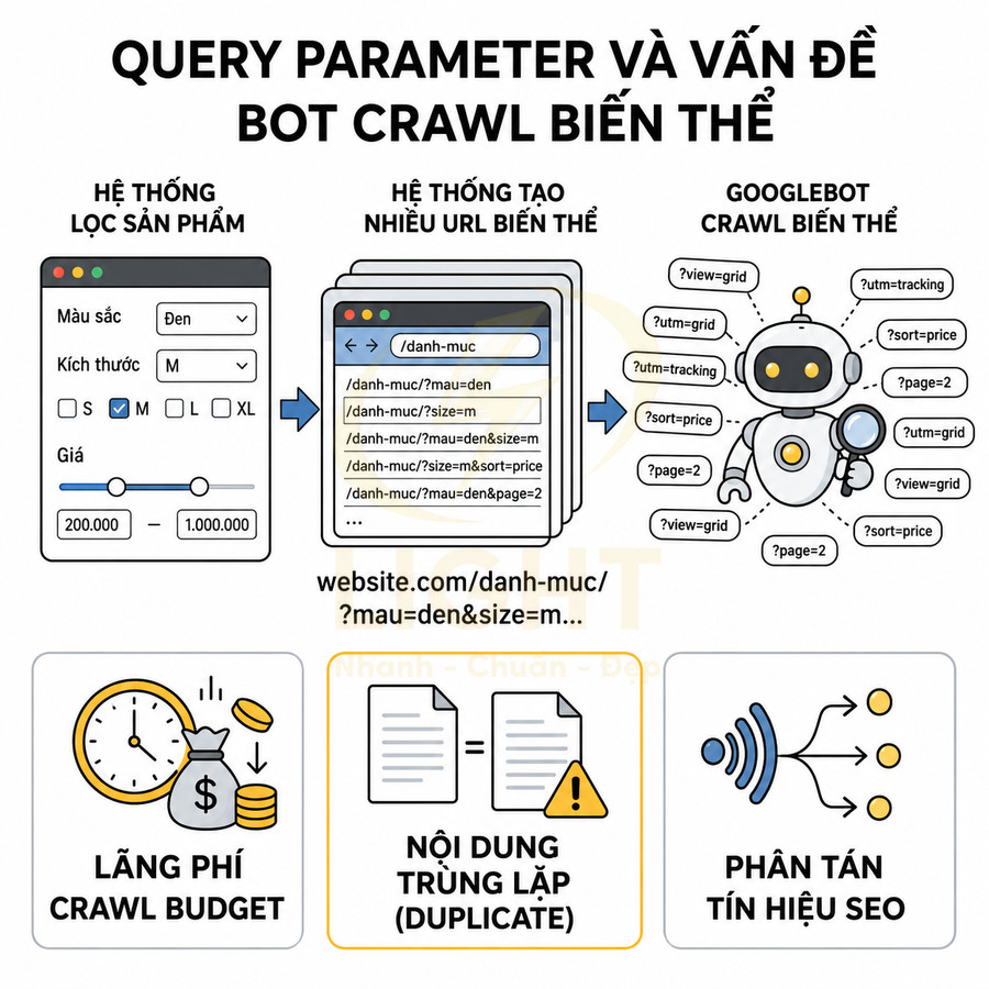 Minh họa query parameter tạo nhiều URL biến thể gây lãng phí crawl budget và trùng lặp nội dung SEO