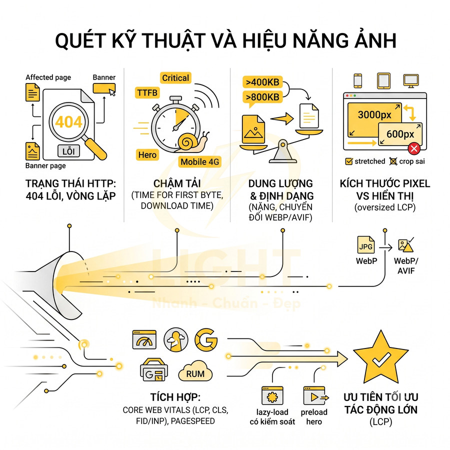 Infographic quy trình quét kỹ thuật và tối ưu hiệu năng hình ảnh cho website, tập trung vào lỗi 404, tốc độ tải và định dạng ảnh