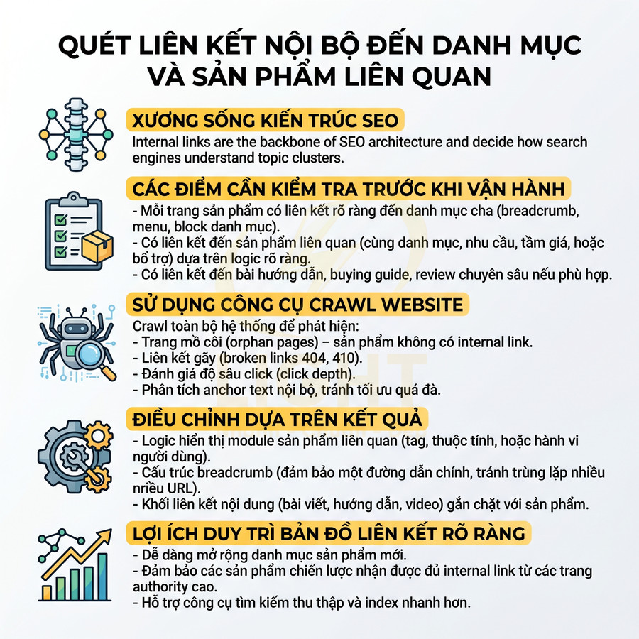 Infographic hướng dẫn tối ưu liên kết nội bộ SEO cho danh mục và sản phẩm liên quan trên website thương mại điện tử