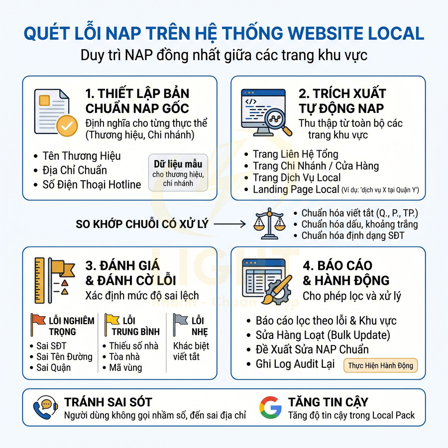 Quy trình quét lỗi NAP trên hệ thống website local giúp chuẩn hóa thông tin doanh nghiệp trên các trang khu vực