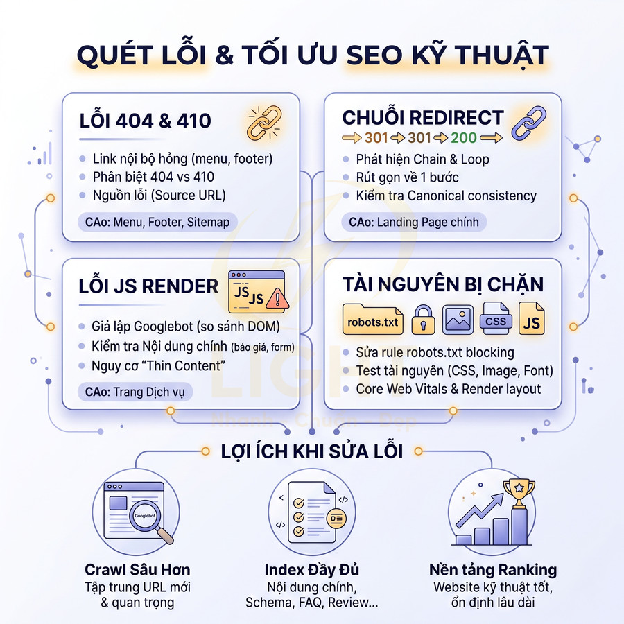 Infographic quy trình quét lỗi và tối ưu SEO kỹ thuật, xử lý lỗi 404, redirect, JS render và tài nguyên bị chặn