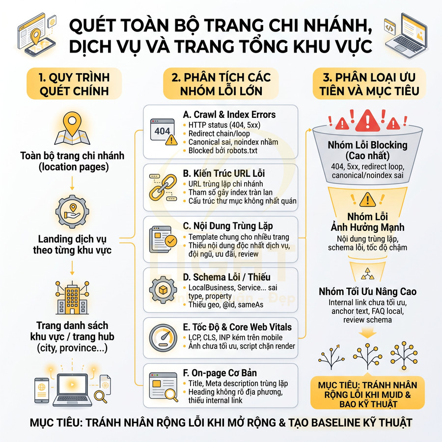 Quy trình quét và phân tích lỗi SEO cho trang chi nhánh, dịch vụ và trang tổng khu vực