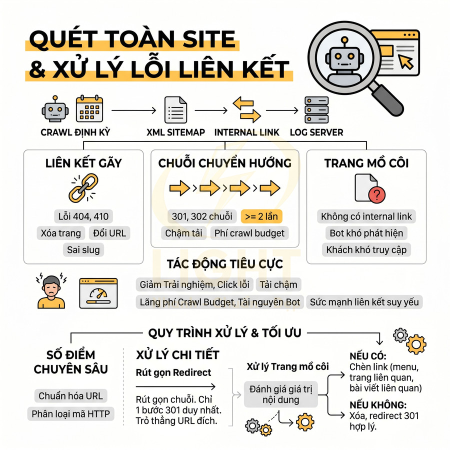 Infographic quy trình crawl site định kỳ và tối ưu internal link, xử lý liên kết gãy, chuyển hướng nhiều tầng, trang mồ côi