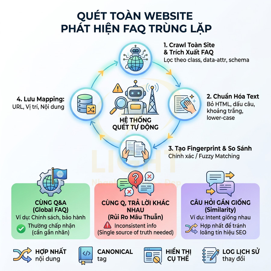 Quy trình hệ thống quét tự động phát hiện FAQ trùng lặp trên toàn website và gợi ý hợp nhất nội dung