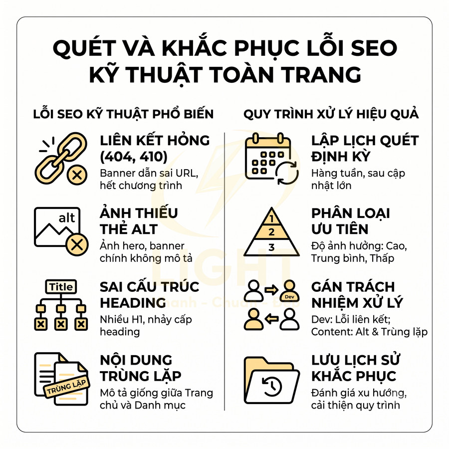 Infographic quy trình quét và khắc phục lỗi SEO kỹ thuật toàn trang và các lỗi SEO phổ biến