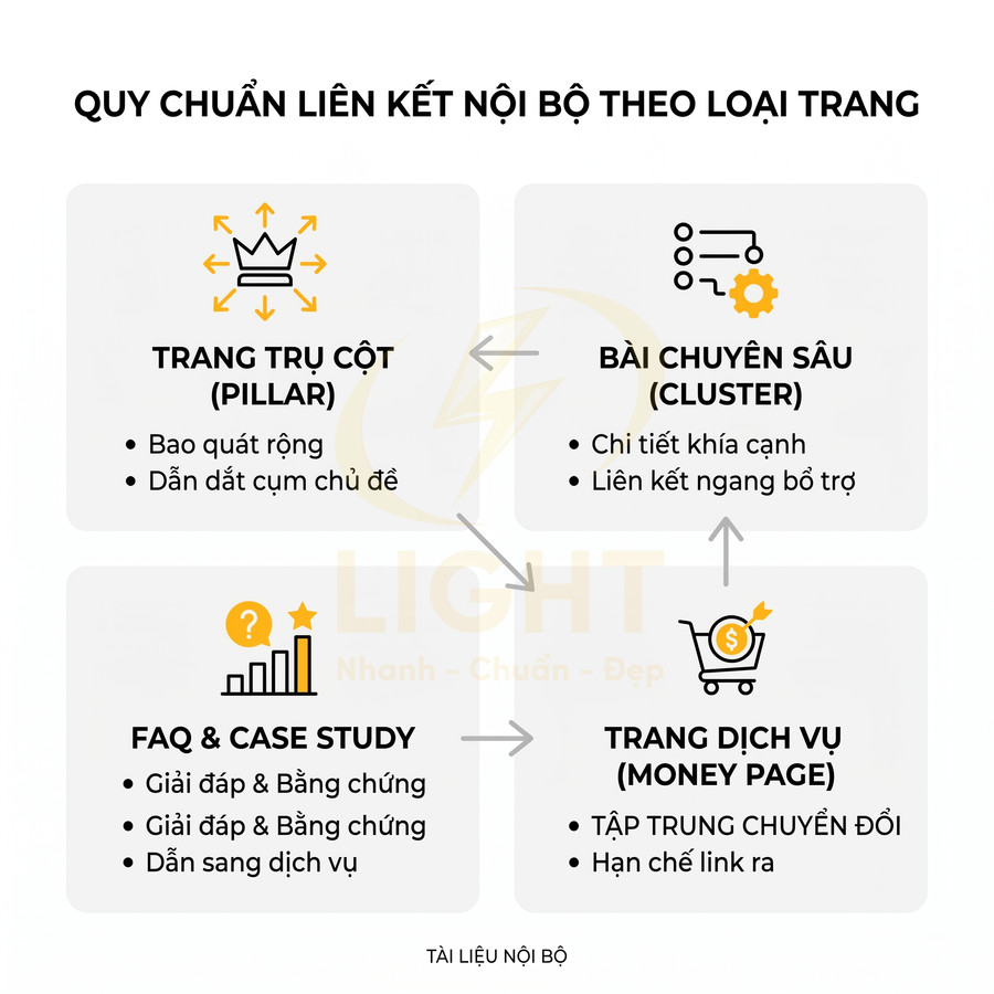Sơ đồ quy chuẩn liên kết nội bộ theo loại trang với pillar, cluster, FAQ, case study và trang dịch vụ