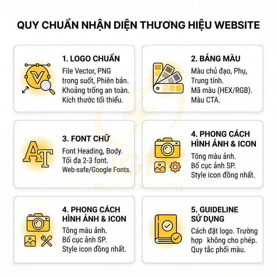 Quy chuẩn nhận diện thương hiệu website với logo, bảng màu, font chữ, phong cách hình ảnh và guideline sử dụng