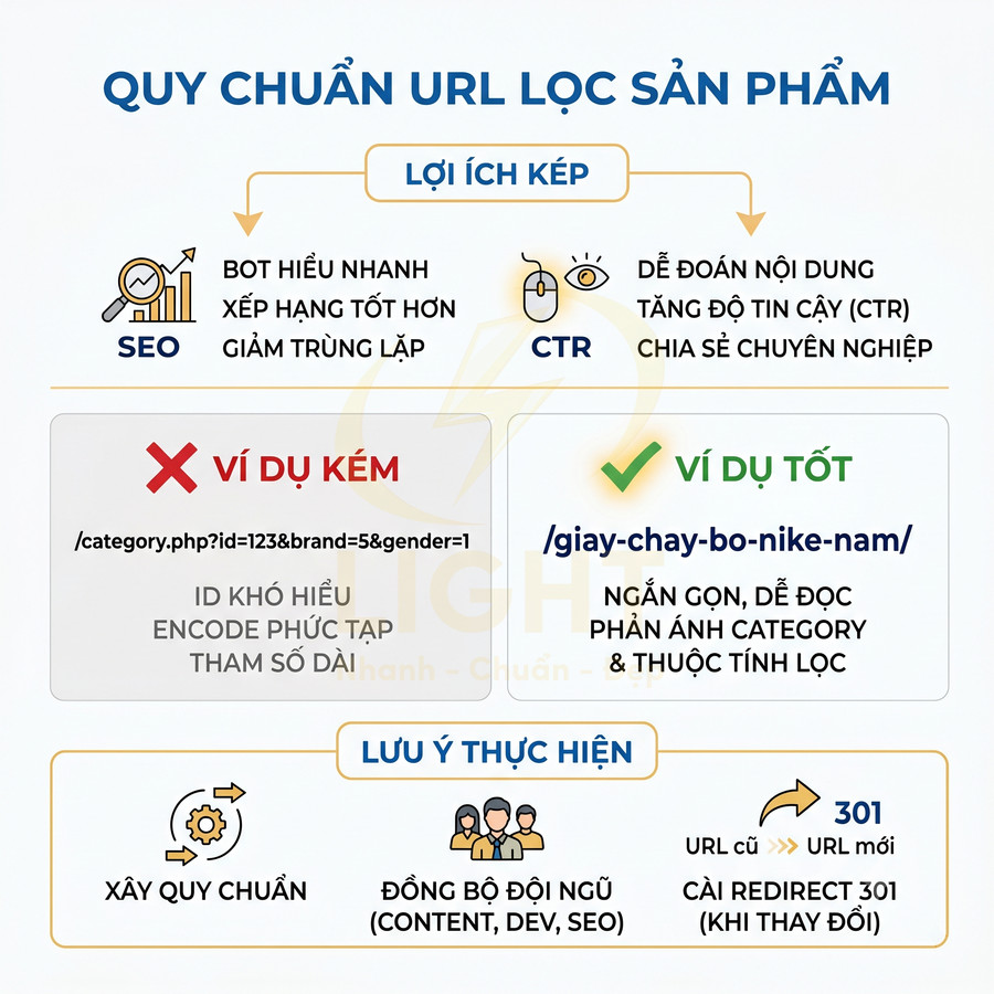 Hướng dẫn chuẩn hóa URL lọc sản phẩm với ví dụ giày chạy bộ Nike nam và lợi ích SEO CTR