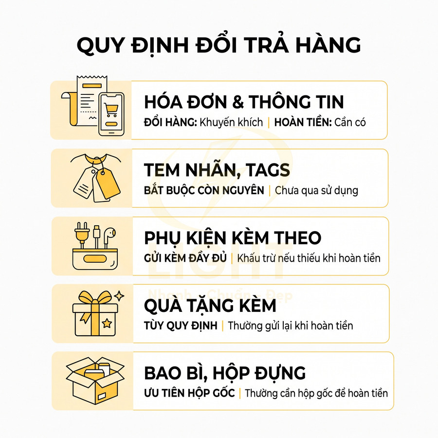 Quy định đổi trả hàng với yêu cầu hóa đơn, tem nhãn, phụ kiện, quà tặng và bao bì hộp đựng đầy đủ