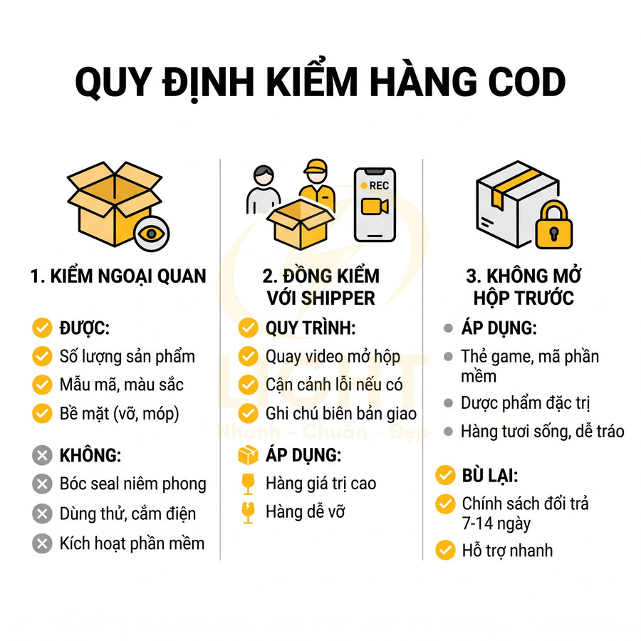 Quy định kiểm hàng COD với hướng dẫn kiểm ngoại quan, đồng kiểm với shipper và các trường hợp không được mở hộp trước