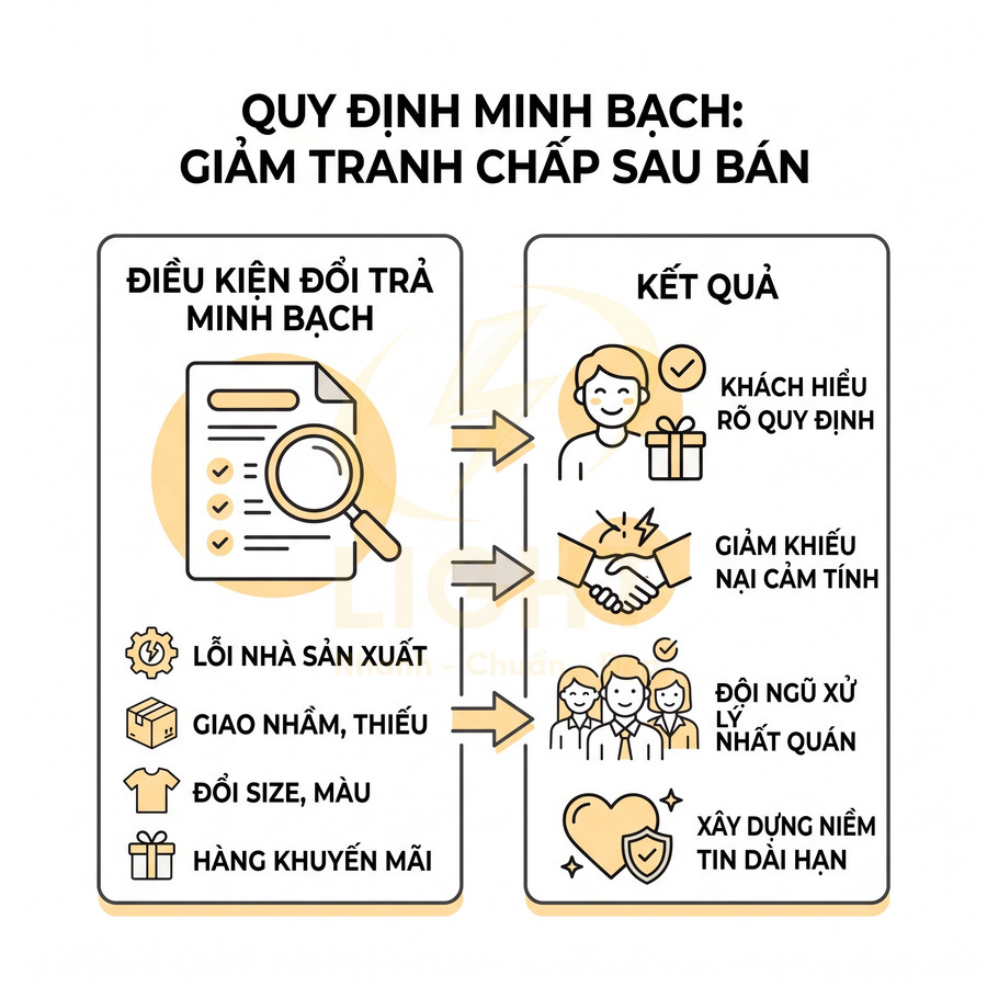 Quy định đổi trả minh bạch giúp khách hiểu rõ điều kiện, giảm khiếu nại và xây dựng niềm tin dài hạn