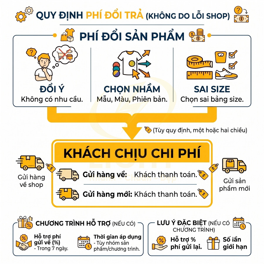 Quy định phí đổi trả sản phẩm không do lỗi shop, khách chịu phí gửi hàng về và nhận hàng mới