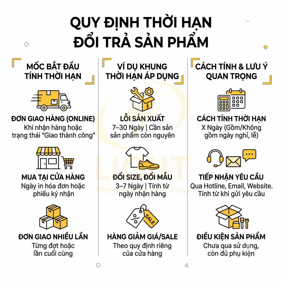 Quy định thời hạn đổi trả sản phẩm thời trang với lỗi sản xuất, đổi size mẫu và hàng giảm giá, hướng dẫn tính ngày áp dụng
