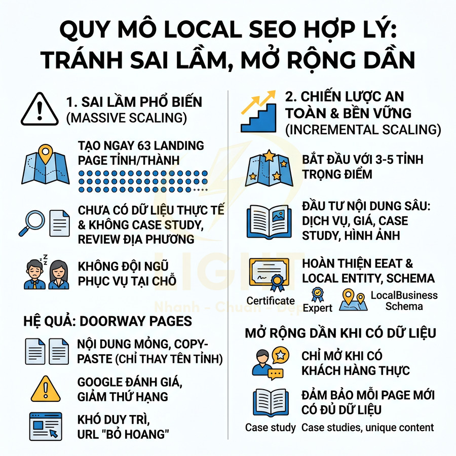 Infographic hướng dẫn quy mô Local SEO hợp lý, so sánh sai lầm mở rộng ồ ạt và chiến lược mở rộng dần an toàn