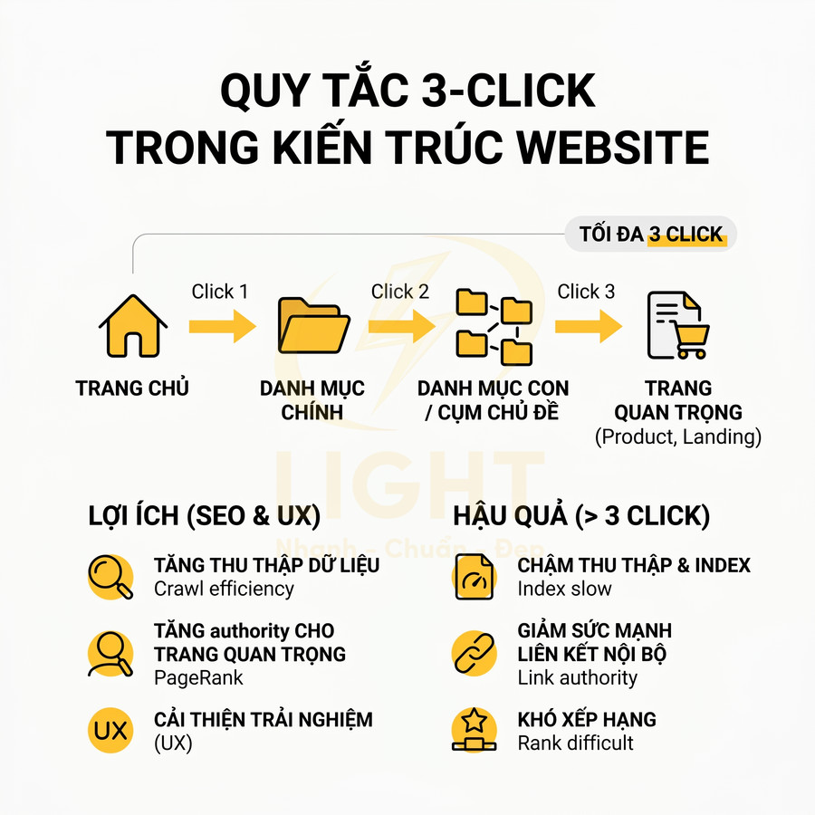 Quy tắc 3 click trong kiến trúc website, sơ đồ đường đi từ trang chủ đến trang quan trọng và lợi ích SEO UX