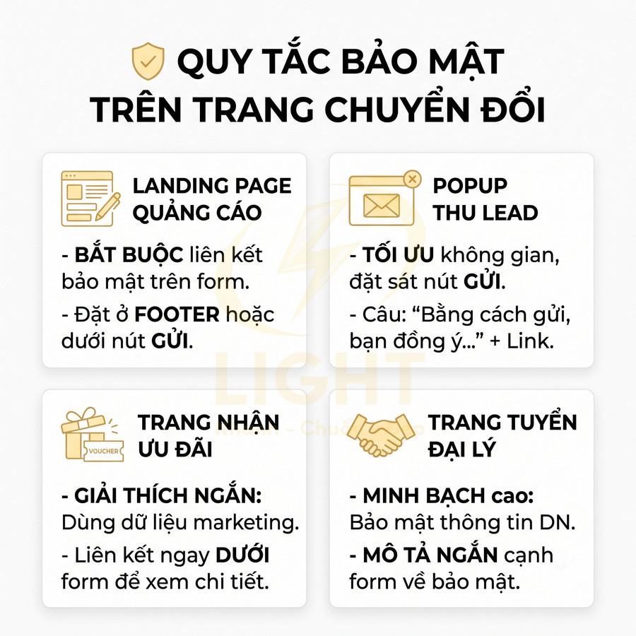 Quy tắc bảo mật trên trang chuyển đổi với hướng dẫn cho landing page, popup, trang ưu đãi và trang tuyển đại lý
