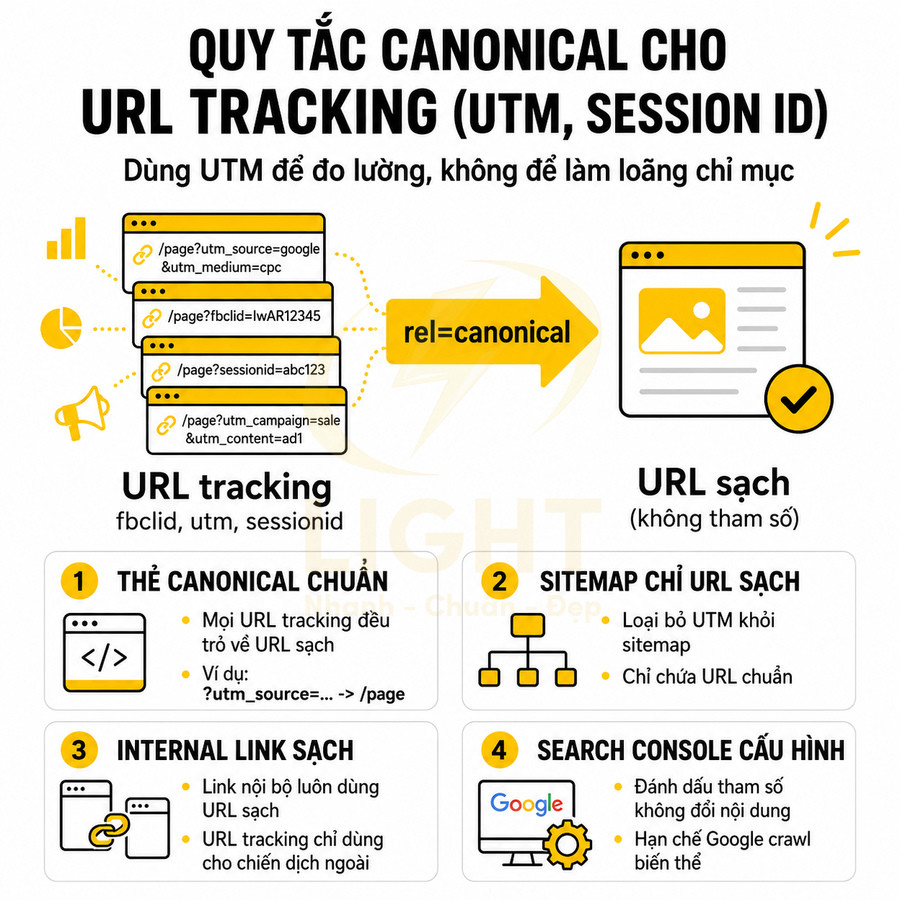 Infographic quy tắc canonical cho URL tracking UTM và session ID để giữ URL sạch và tối ưu SEO