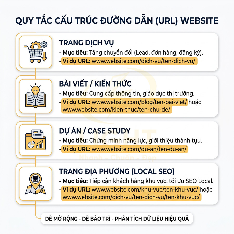 Quy tắc cấu trúc URL website cho trang dịch vụ, bài viết, dự án và trang địa phương tối ưu SEO